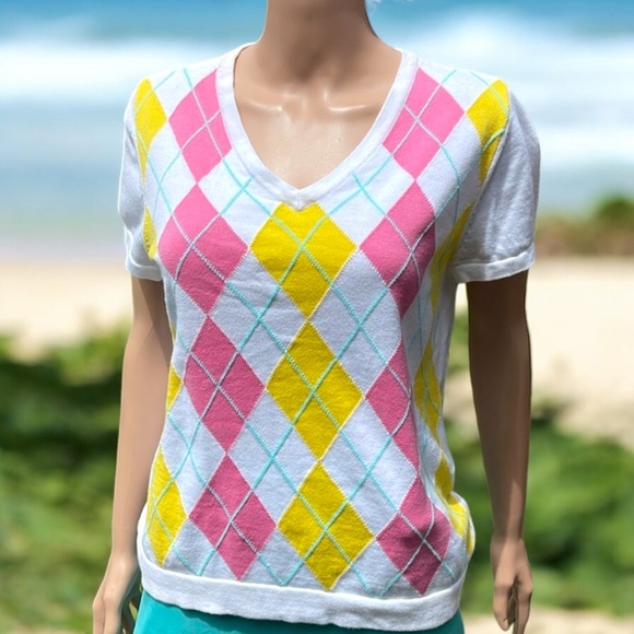 Liz Claiborne Argyle Short Sleeve Pullover V-Neck Sweater - Picture 9 of 16